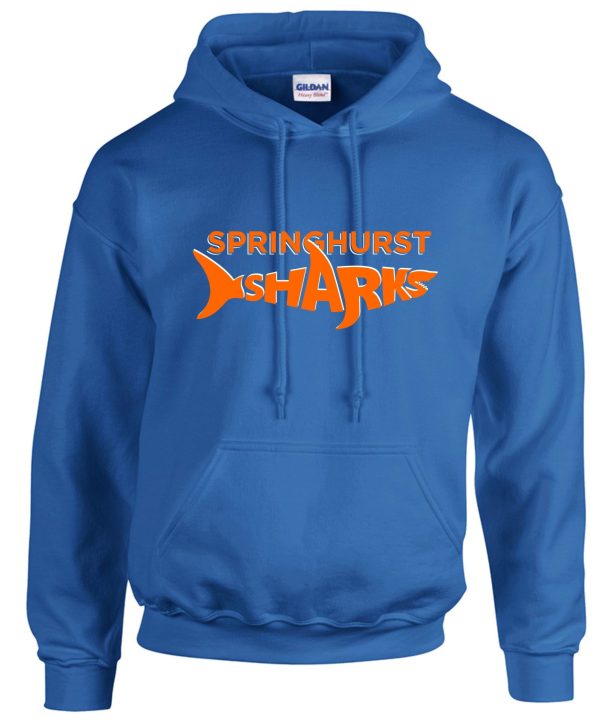 Springhurst Sharks Royal Blue Hooded sweatshirt G18500 with "springshark sharks" text and a shark graphic in orange on the front.