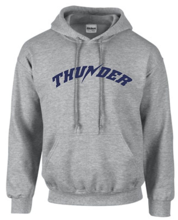 Thunder Baseball Hooded Sweatshirt with the word "thunder" printed across the chest in bold blue letters.