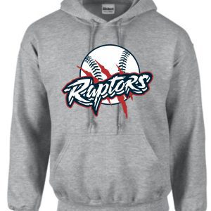 Grey hoodie with baseball and Raptors logo.