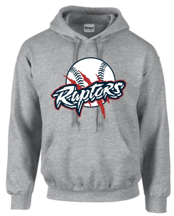 Grey hoodie with baseball and Raptors logo.