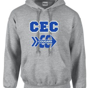 2022 CEC Cross Country Sport Gray Hooded sweatshirt G185 with "cec cougars" printed in blue letters and a stylized cougar graphic.