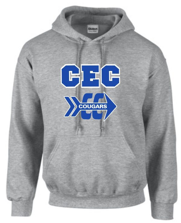 2022 CEC Cross Country Sport Gray Hooded sweatshirt G185 with "cec cougars" printed in blue letters and a stylized cougar graphic.