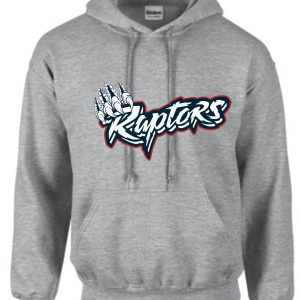 Gray Raptor hoodie with claw logo.