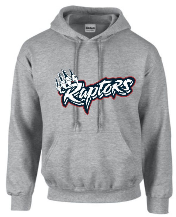 Gray Raptor hoodie with claw logo.