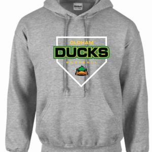 Grey hoodie with Oldham Ducks logo.