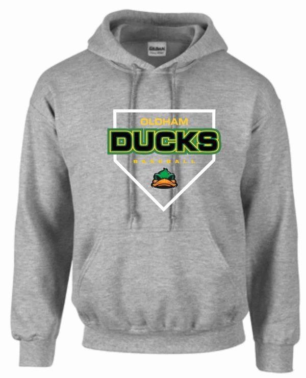 Grey hoodie with Oldham Ducks logo.