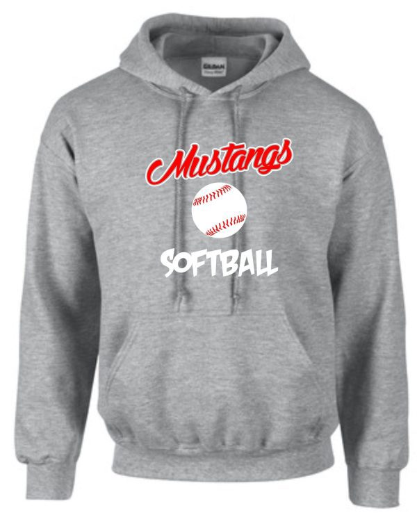 St Margaret Mary Softball Sport Gray Hoodie G185 with "mustangs" and a softball graphic printed in red and white on the front.