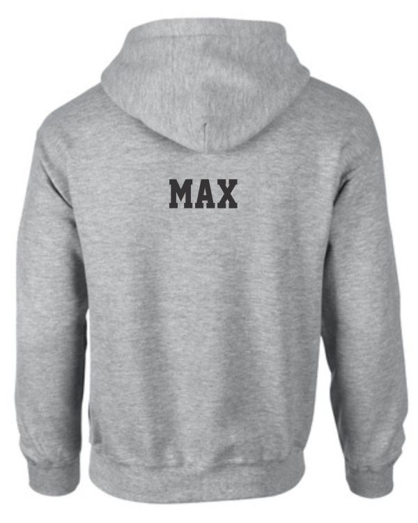 Immaculata Sport Gray Hooded Sweatshirt G18500 with the name "max" printed in black across the back, viewed from behind.