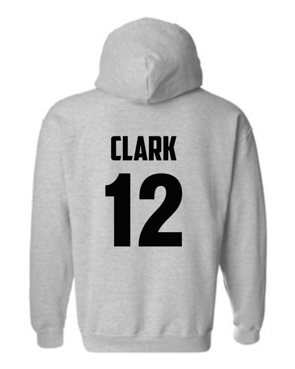 Back view of a Hoops For Christ Basketball Bulls Hooded sweatshirt G185 with a hood, featuring the name "clark" and the number "12" printed in black on the back.