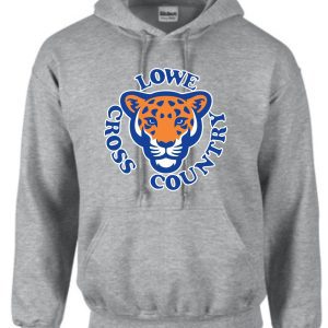 Lowe XC Sport Gray Hooded Sweatshirt G185 with the lowe cross country logo featuring a stylized tiger face in orange and blue.