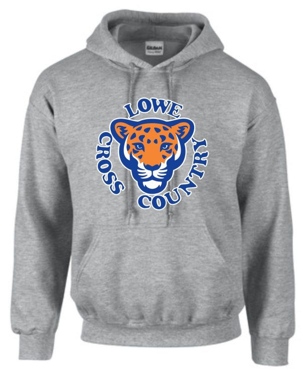 Lowe XC Sport Gray Hooded Sweatshirt G185 with the lowe cross country logo featuring a stylized tiger face in orange and blue.