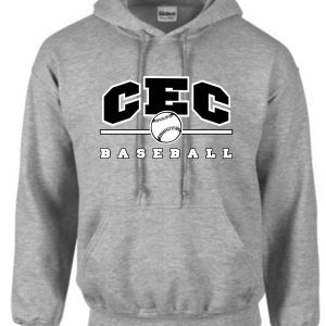 CEC Baseball Sport Gray Hooded sweatshirt G185 with "cfc baseball" logo featuring a baseball and the letters cfc in bold black font.