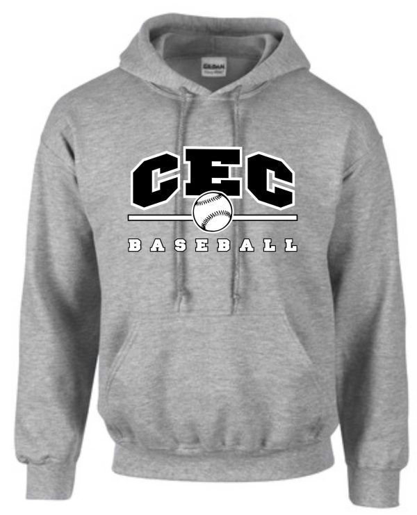 CEC Baseball Sport Gray Hooded sweatshirt G185 with "cfc baseball" logo featuring a baseball and the letters cfc in bold black font.