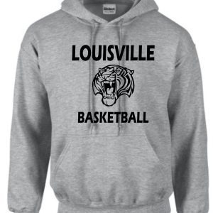 Louisville Tigers Basketball Sport Gray Hooded sweatshirt G185 with "louisville basketball" text and a graphic of a fierce tiger's face in the center.