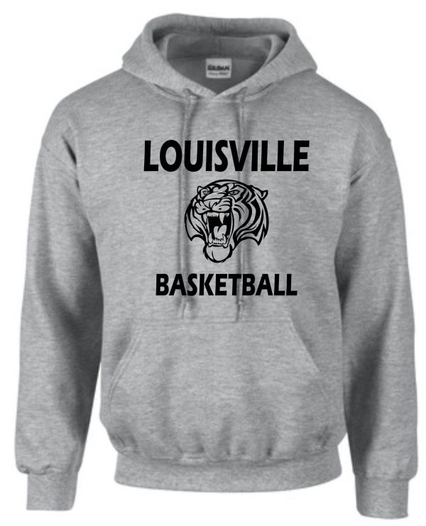 Louisville Tigers Basketball Sport Gray Hooded sweatshirt G185 with "louisville basketball" text and a graphic of a fierce tiger's face in the center.