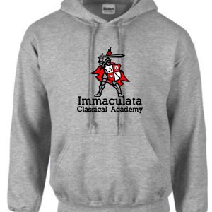 Immaculata Sport Gray Hooded Sweatshirt G18500 with Immaculata Classical Academy logo featuring a red and white knight mascot on the front.