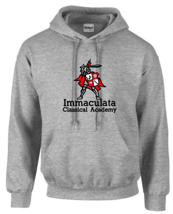 Immaculata Sport Gray Hooded Sweatshirt G18500 with Immaculata Classical Academy logo featuring a red and white knight mascot on the front.