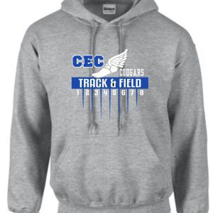 2022 CEC Track Sport Gray Hooded sweatshirt G185 with "cec cougars track & field" logo and a winged shoe design, featuring numbers 1-8 in blue descending vertically.