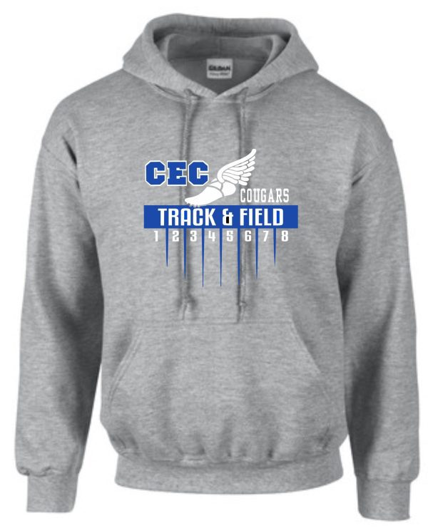 2022 CEC Track Sport Gray Hooded sweatshirt G185 with "cec cougars track & field" logo and a winged shoe design, featuring numbers 1-8 in blue descending vertically.