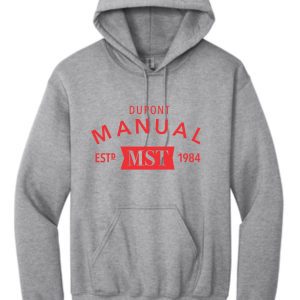 Gray hooded sweatshirt with red logo.