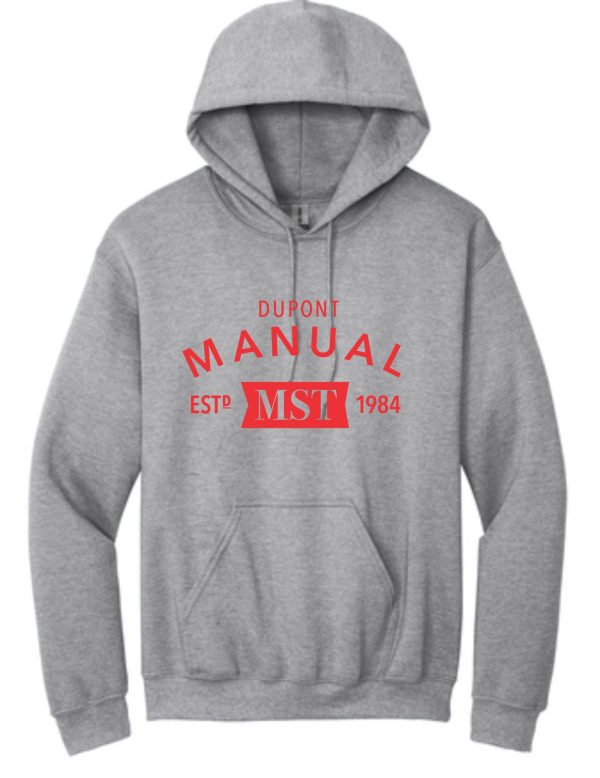 Gray hooded sweatshirt with red logo.