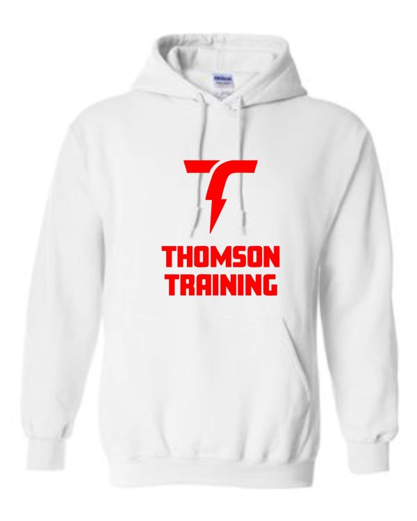 Thomson Training Hooded Sweatshirt G185 with a red "thomson training" logo and a lightning bolt design on the front.