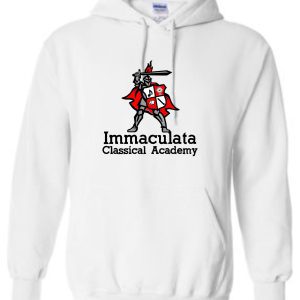 Immaculata White Hooded Sweatshirt G18500 with "immaculata classical academy" text and a red knight mascot logo on the front.