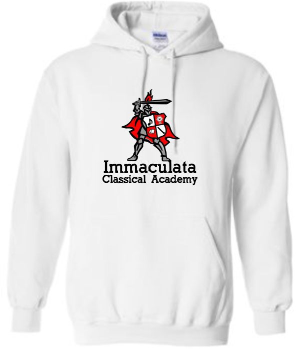 Immaculata White Hooded Sweatshirt G18500 with "immaculata classical academy" text and a red knight mascot logo on the front.