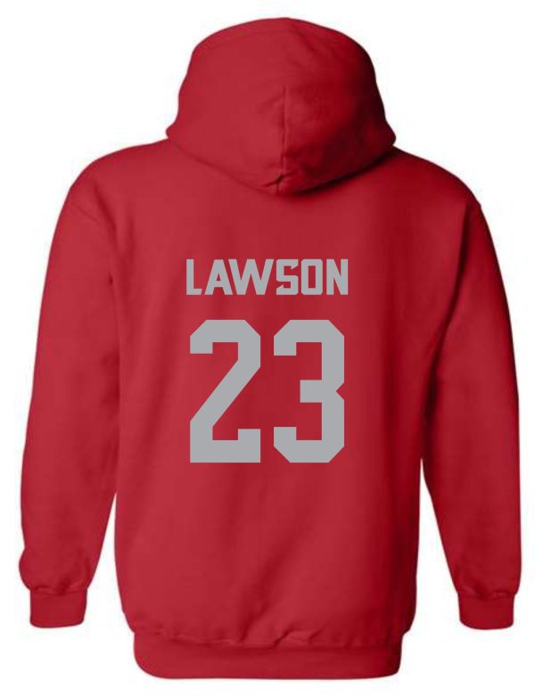 2023 Waggener Baseball Red Hooded sweatshirt G185 with a hood, featuring the name "lawson" and the number "23" in large grey letters on the back.