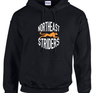 Black hoodie with Northeast Striders logo.