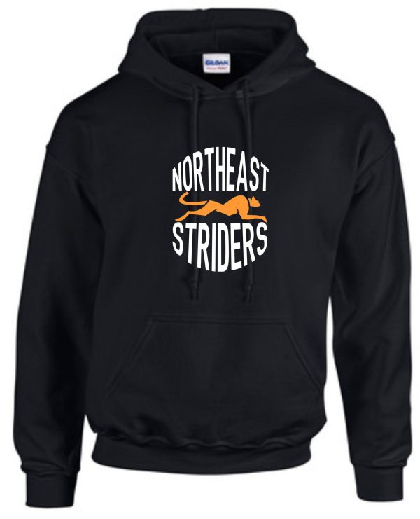 Black hoodie with Northeast Striders logo.