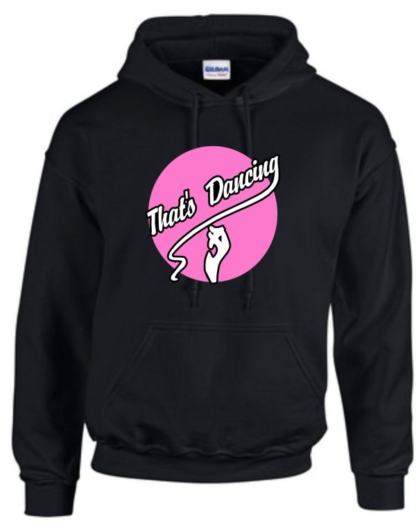 That's Dancing Black Hooded sweatshirt G185 with a pink graphic of a dancer and the text "that's dancing" on the front.