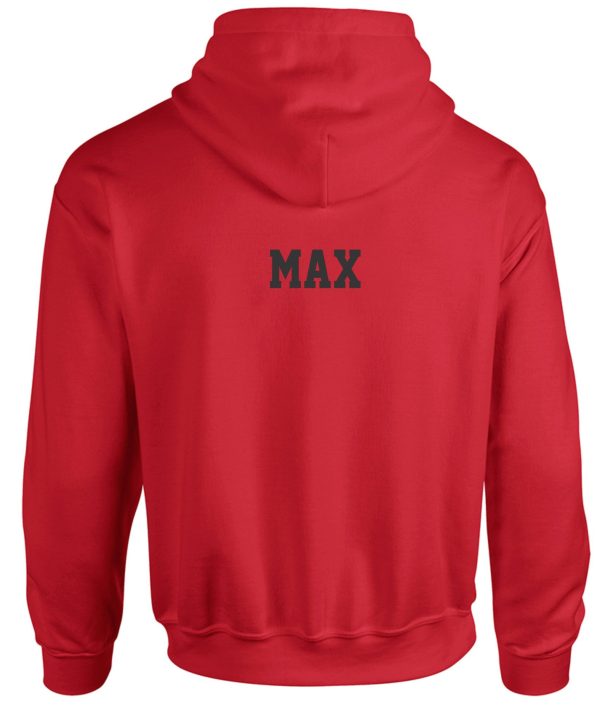 Back view of an Immaculata Red Hooded Sweatshirt G18500 with the name "max" printed in dark gray letters in the center of the back.