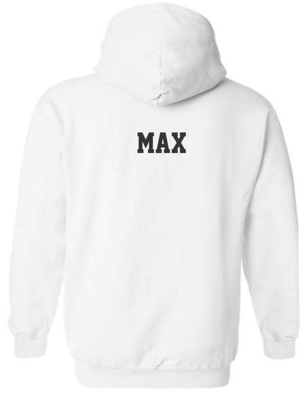 Immaculata White Hooded Sweatshirt G18500 with the name "max" printed in black on the back.