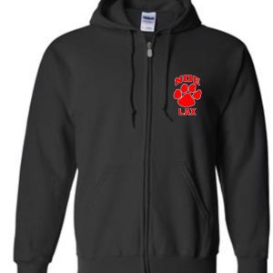 Black zip-up hoodie with red logo.