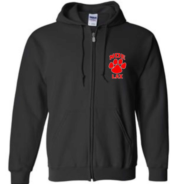 Black zip-up hoodie with red logo.