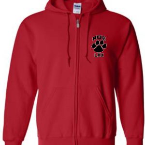 Red zip-up hoodie with paw print logo.