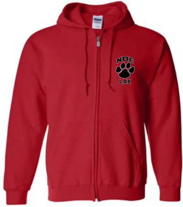 Red zip-up hoodie with paw print logo.