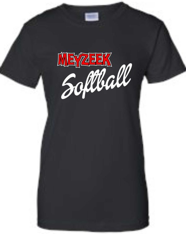 Meyzeek Softball Ladies T shirt G200L with "meyzeek softball" text in red and white on the front.