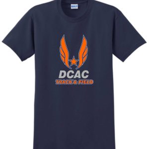 Derby City DCAC G2000 Navy t-shirt with an orange and white logo featuring wings and a star, reading "dcac track & field.