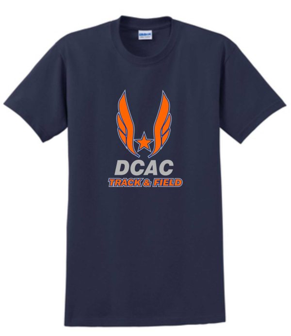 Derby City DCAC G2000 Navy t-shirt with an orange and white logo featuring wings and a star, reading "dcac track & field.