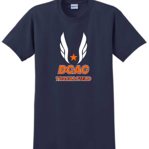 Derby City AC G2000 Navy t-shirt with "dcac track&field" logo featuring orange star and white wings printed on the front.