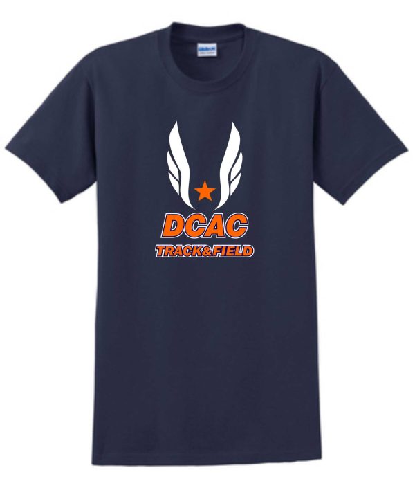 Derby City AC G2000 Navy t-shirt with "dcac track&field" logo featuring orange star and white wings printed on the front.