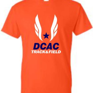 Derby City DCAC G2000 Orange t-shirt with "dcac track & field" logo featuring a blue star and white wings printed on the front.