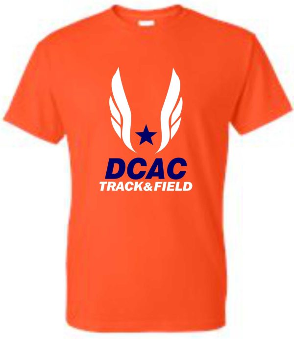 Derby City DCAC G2000 Orange t-shirt with "dcac track & field" logo featuring a blue star and white wings printed on the front.