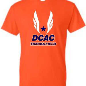Derby City AC G2000 Orange t-shirt with "dcac track & field" logo featuring a blue star and white wings on the front.