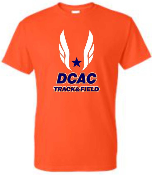 Derby City AC G2000 Orange t-shirt with "dcac track & field" logo featuring a blue star and white wings on the front.