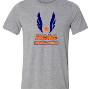 Derby City DCAC G2000 Sport Gray t-shirt with blue and orange "dcac track & field" logo featuring wings and a star on the front.