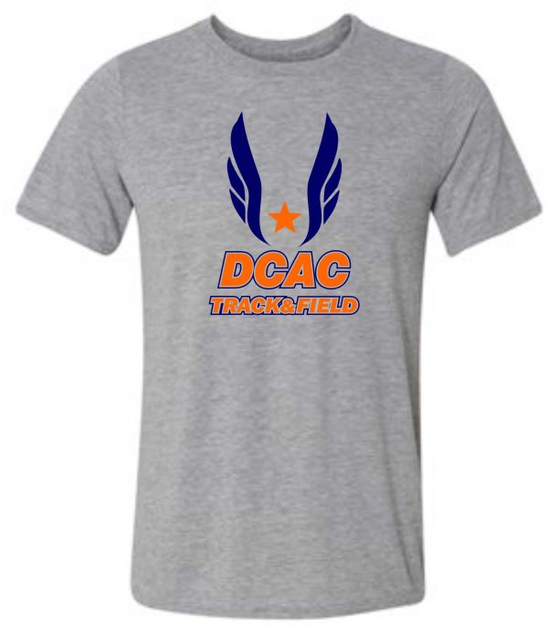 Derby City DCAC G2000 Sport Gray t-shirt with blue and orange "dcac track & field" logo featuring wings and a star on the front.