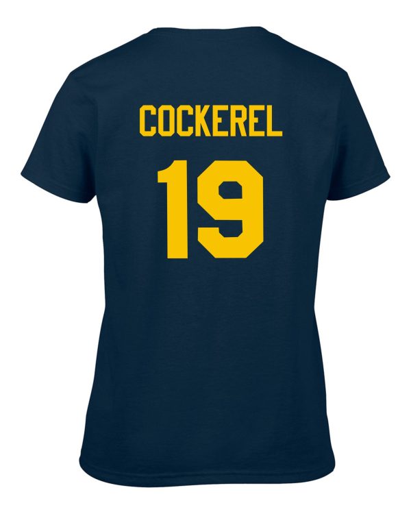 Thunder Baseball Womens Tshirt in navy blue with the word "cockerel" and the number "19" in yellow block letters on the back.